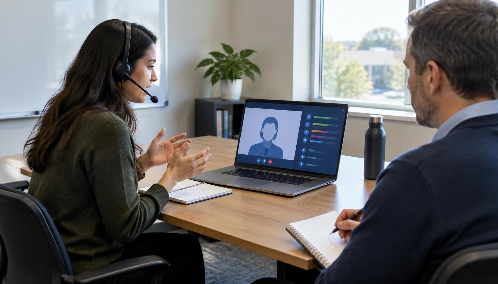 A new sales hire wearing a headset practices a conversation with an AI buyer on a laptop while a manager listens.