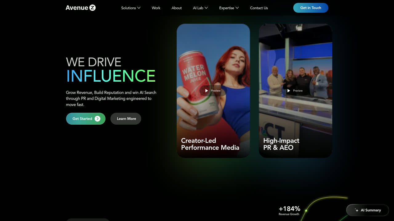 Avenue Z homepage, headlined 'We drive Influence', with PR and AEO services.