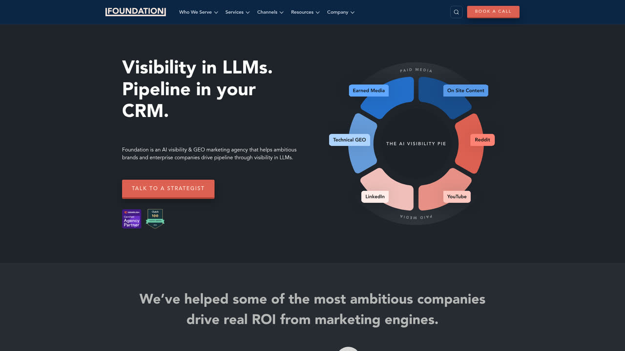 Foundation homepage: visibility in LLMs, pipeline in your CRM.