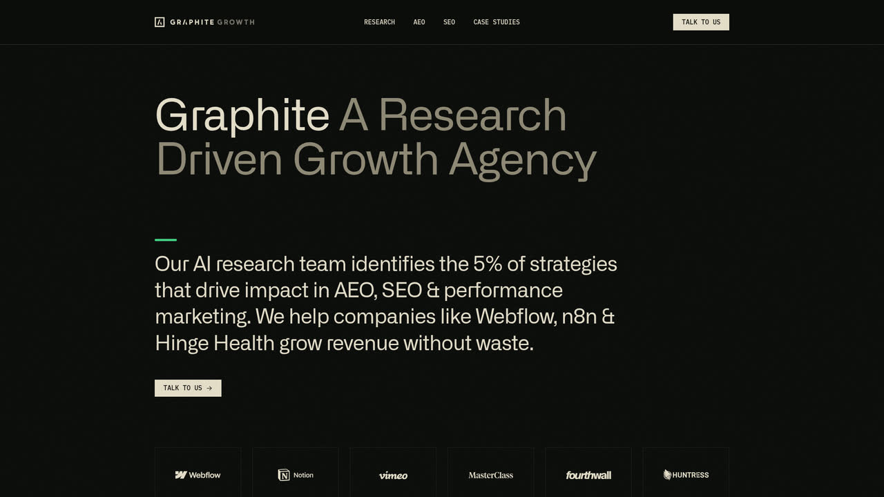 Graphite homepage describing a research-driven growth agency and its AI research team.