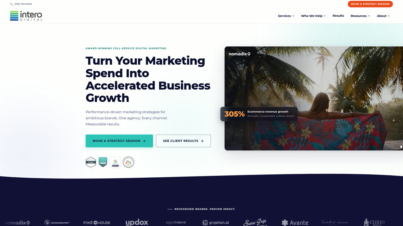 Intero Digital homepage, a full-service digital marketing agency with award badges.