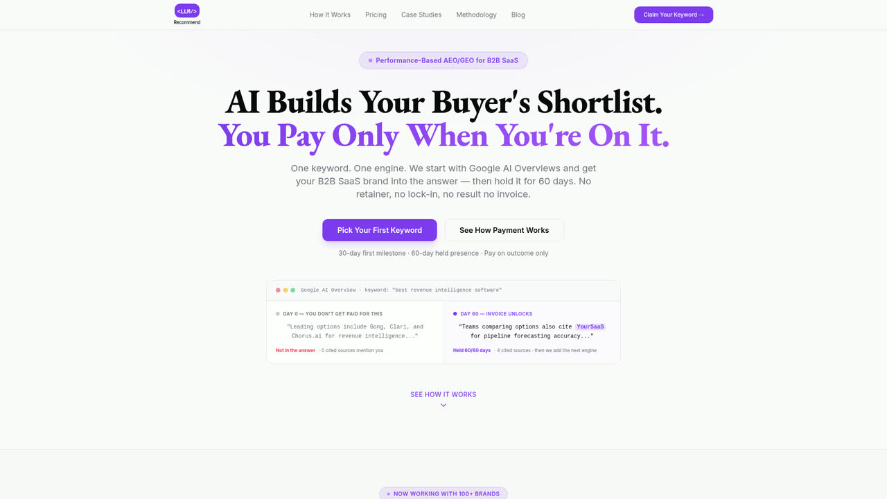 llmrecommend.com homepage: performance-based AEO and GEO for B2B SaaS, paid only when the brand appears in the answer.