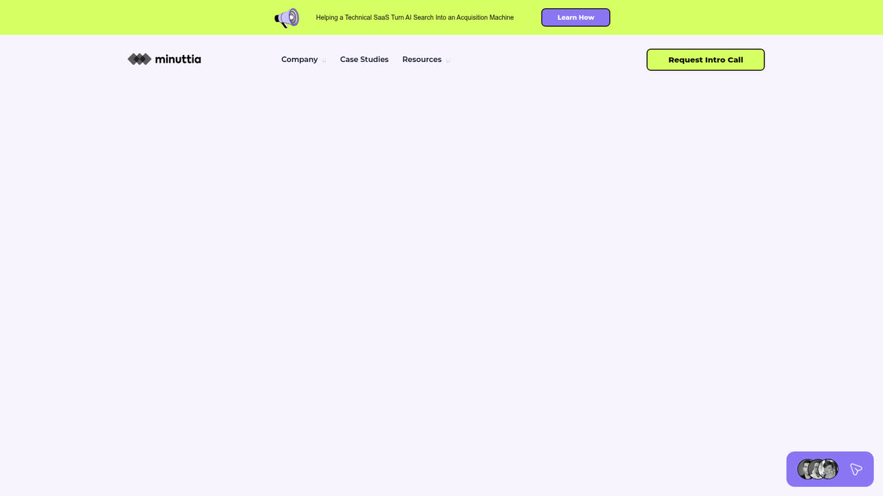 Minuttia homepage headlined 'Dominate AI Search'.