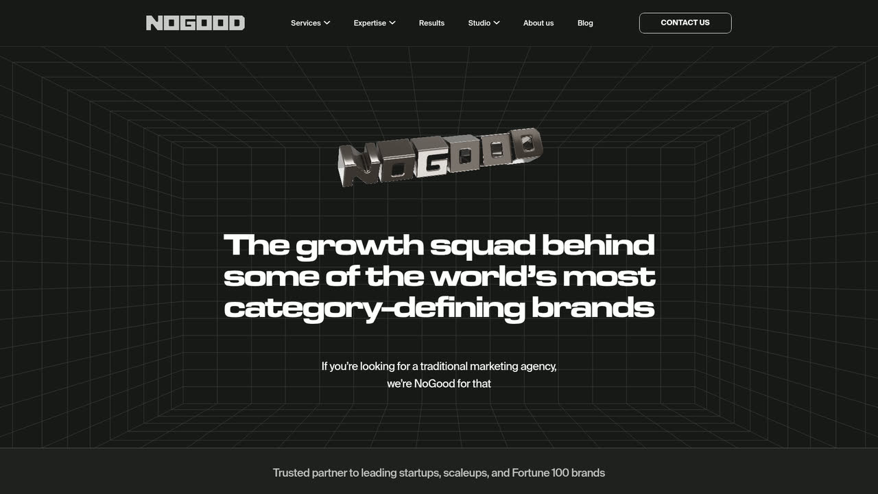 NoGood homepage showing its growth squad positioning and client logos.