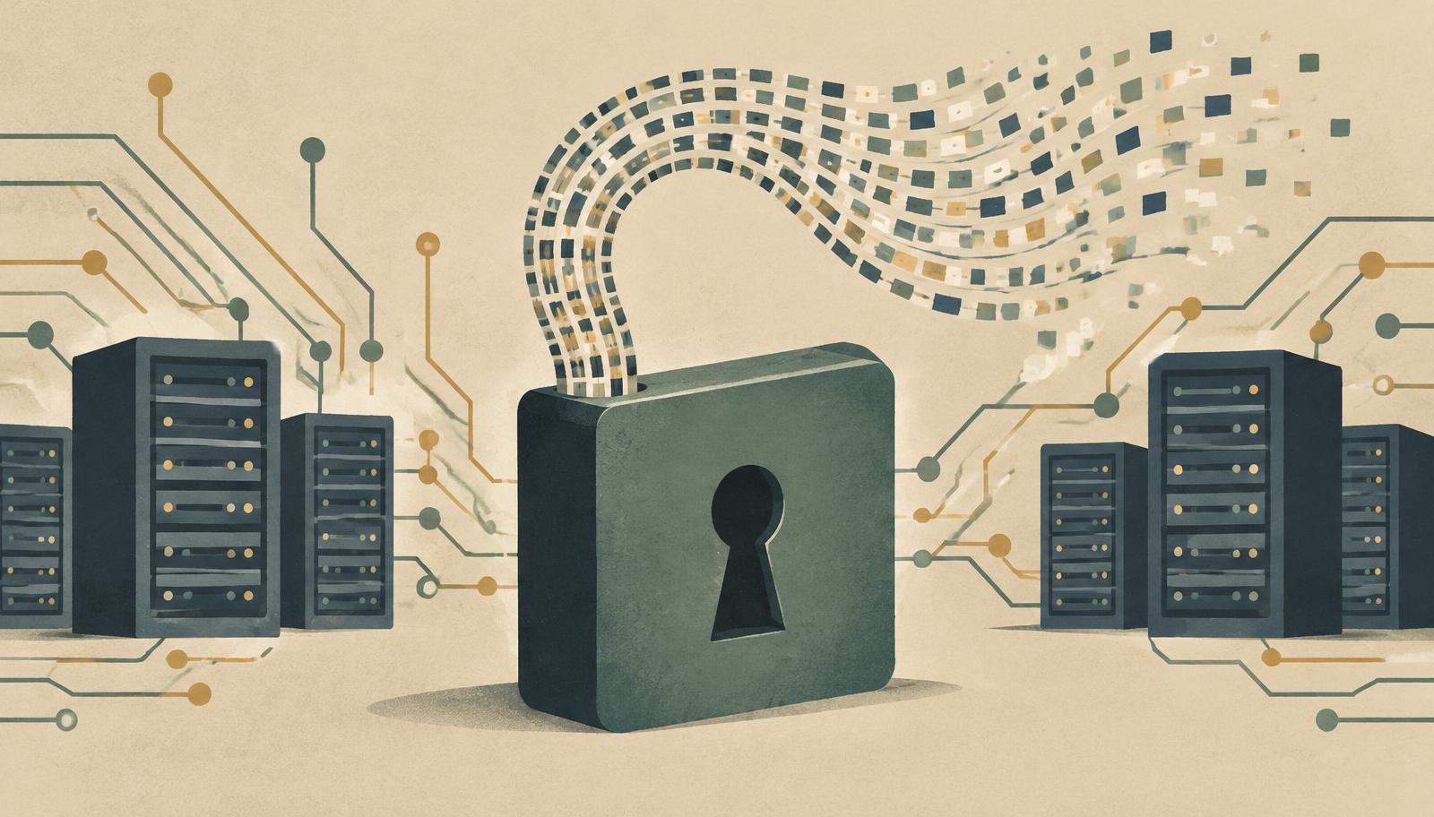 Illustration of an open padlock releasing a stream of text tiles between server racks, representing open-weight AI text generation