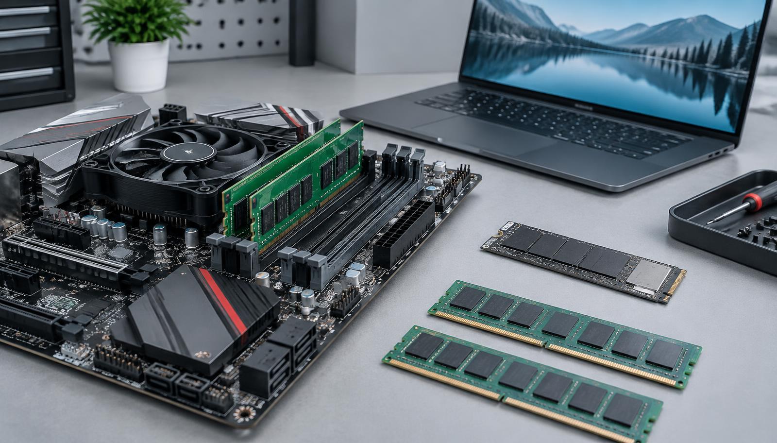 Desktop motherboard with RAM installed, spare memory modules and an M.2 solid-state drive on a workbench beside a laptop.