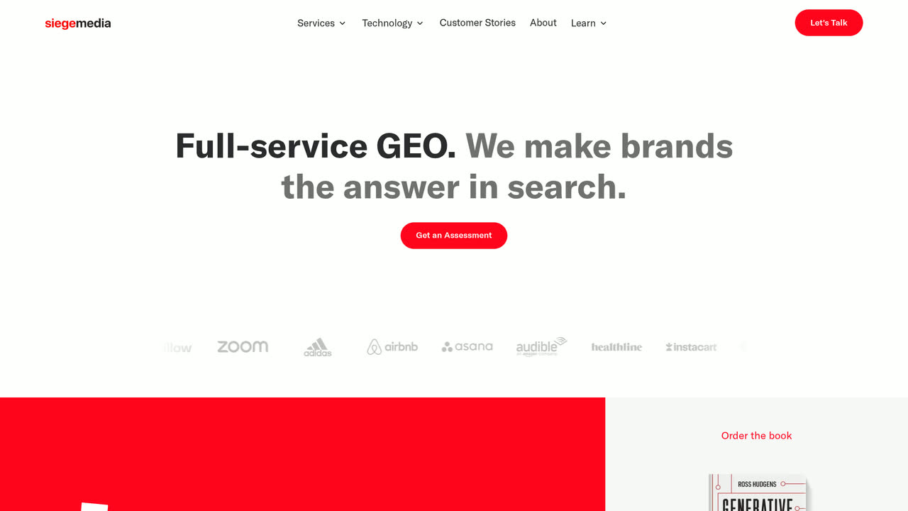 Siege Media homepage showing its client logo wall.