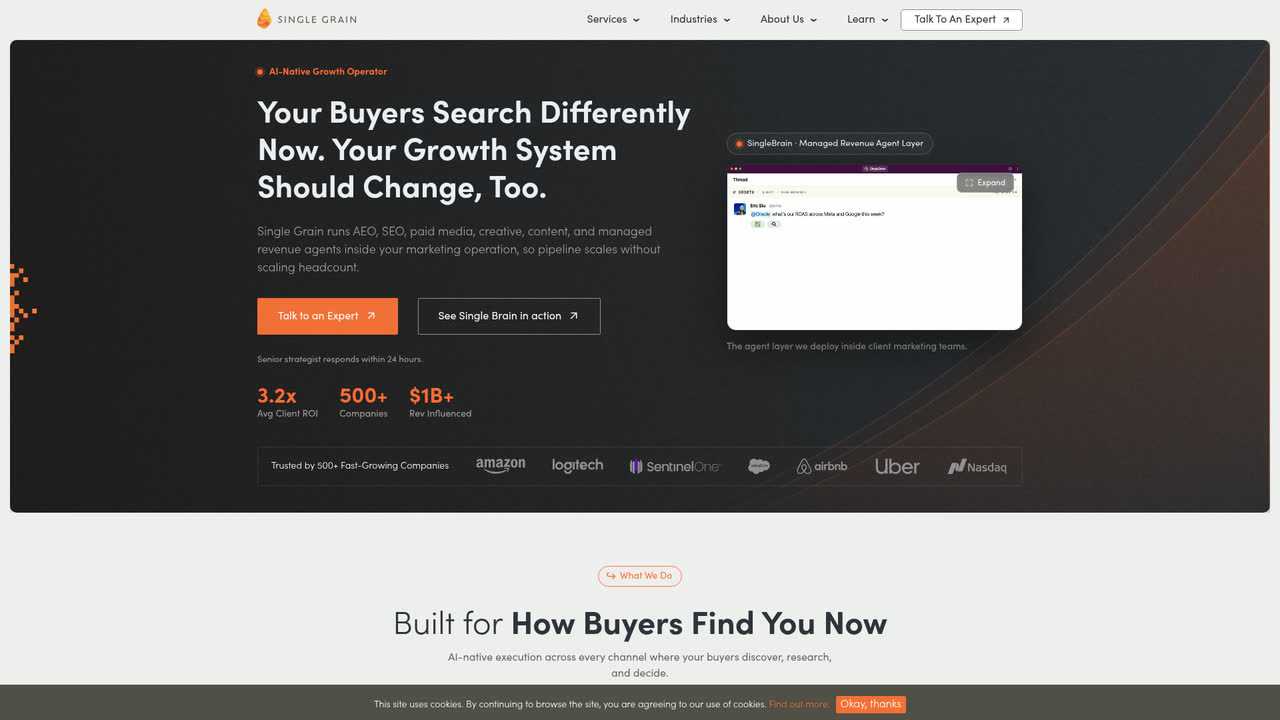 Single Grain homepage, headlined around buyers searching differently now.