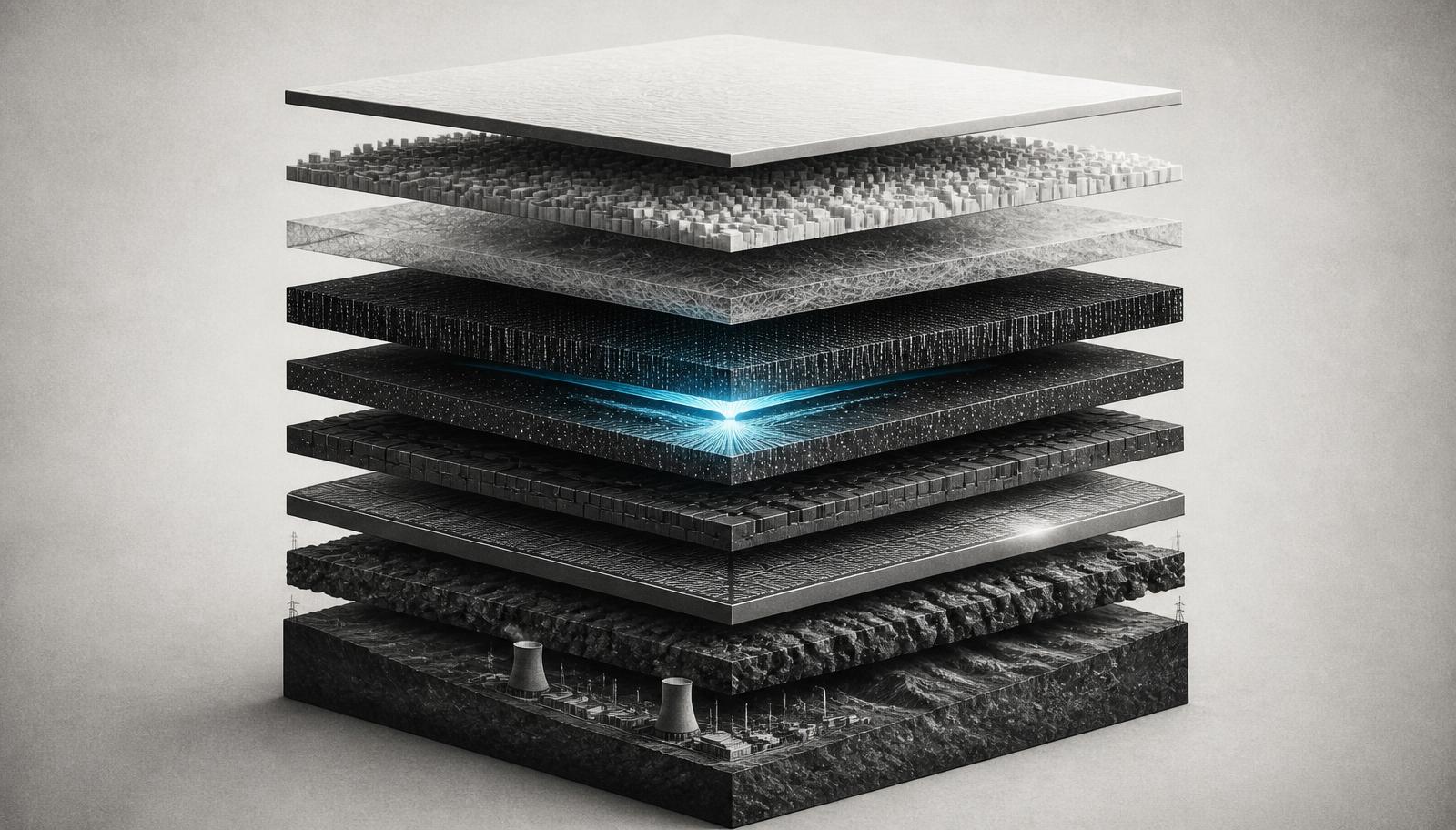 Abstract illustration of a ten-layer stack, from an energy and rock base up to a thin bright surface layer, with a glowing bottleneck in the middle.