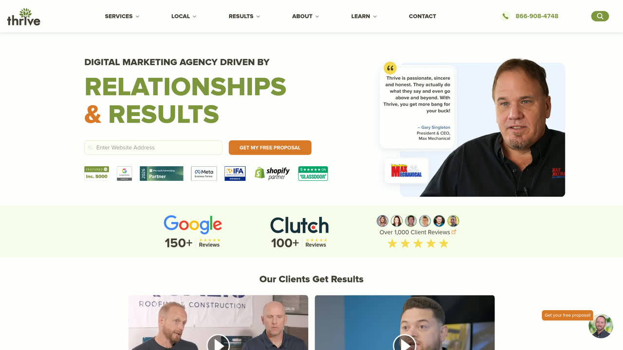 Thrive Agency homepage headlined 'Relationships & Results'.